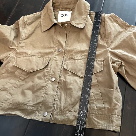 COS Linen Blend Twill Snap Button Crop Jacket Olive Green Women's Size 6 - Picture 6 of 7